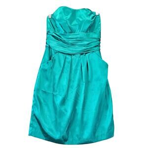 David's Bridal Green Teal Mini Dress Strapless Formal Women Size 6 Lined Gathers